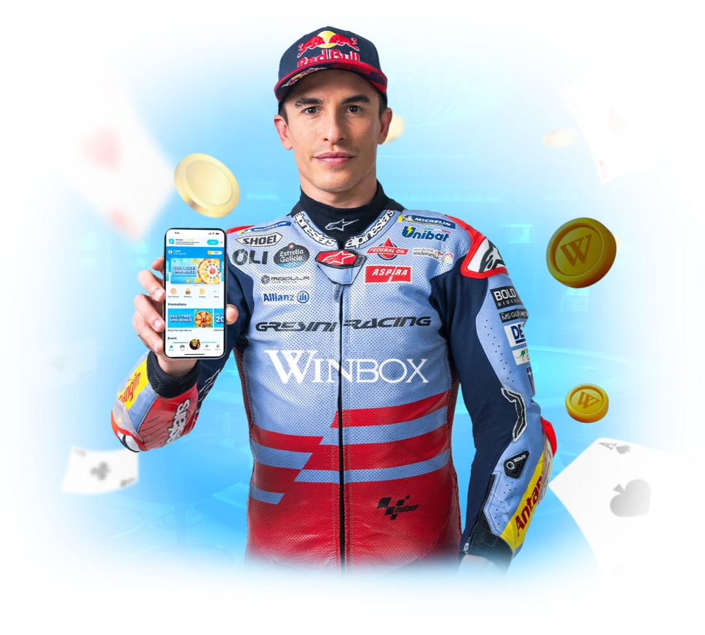 Marc Márquez, Winbox brand ambassador, holding the Winbox app